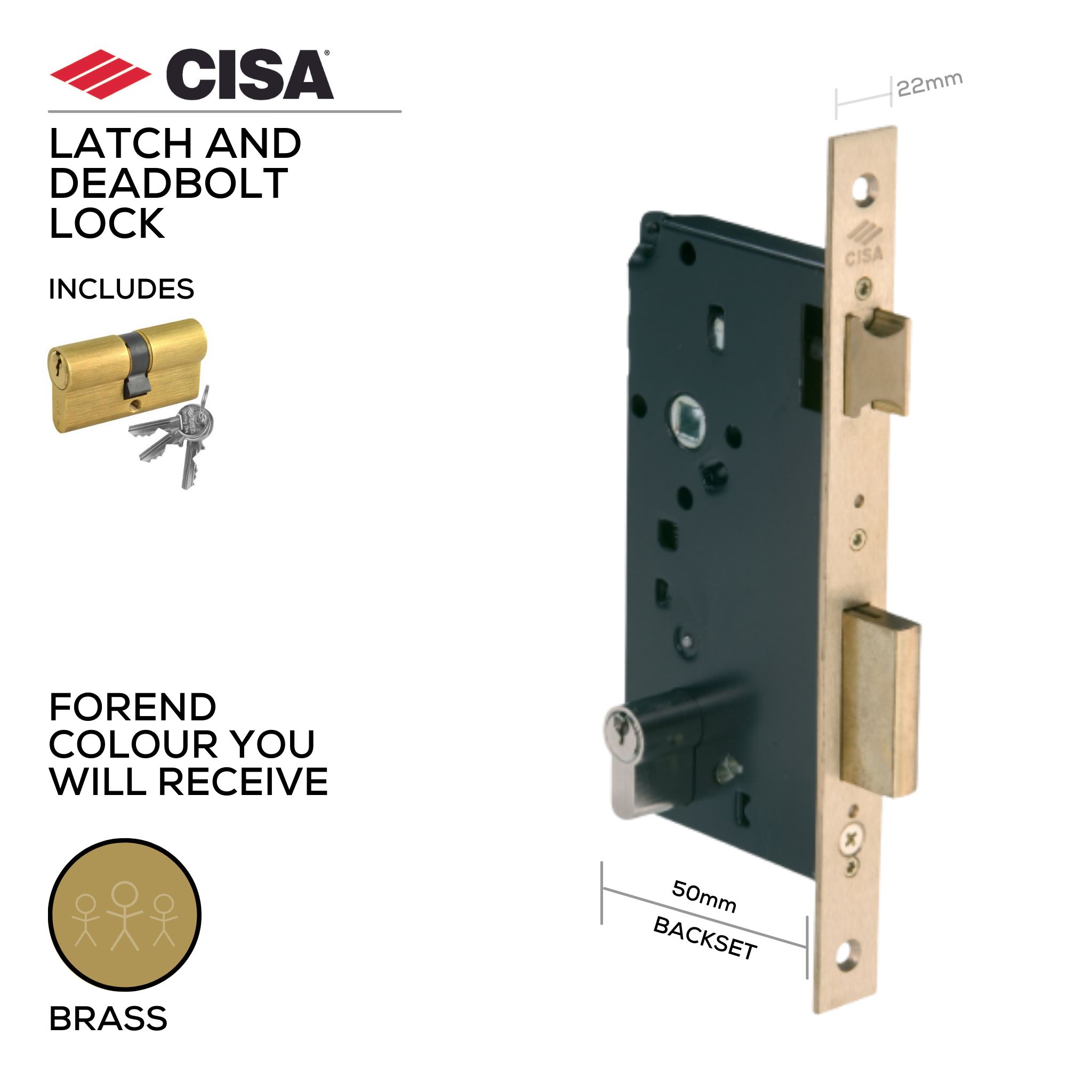 5C110-50-00-With_Cylinder, Latch and Deadbolt Lock, Including Cylinder, 50mm (backset), Satin Brass, CISA