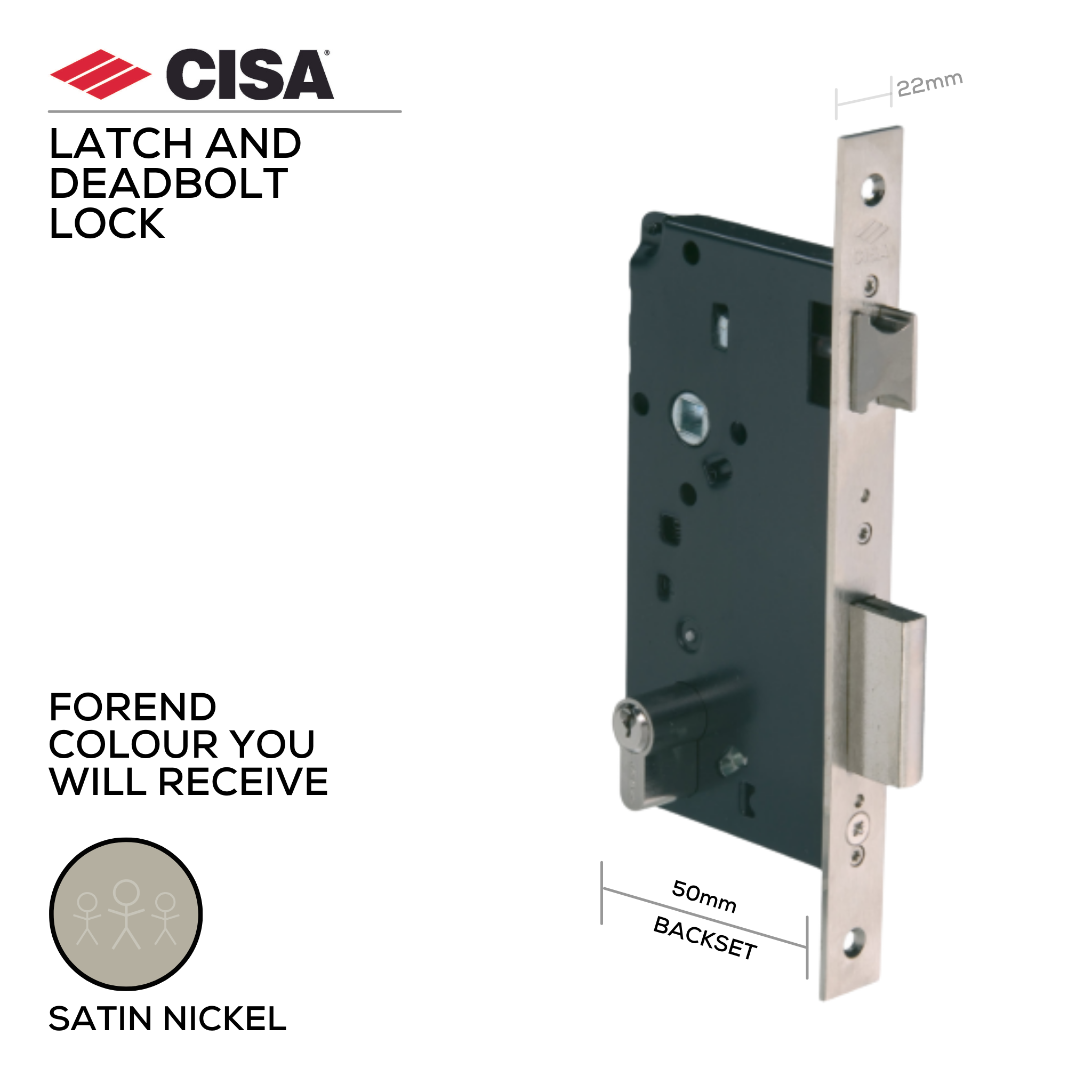 5C110-50-12-Without_Cylinder, Latch Lock, Excluding Cylinder, 50mm (backset), Satin Nickel, CISA