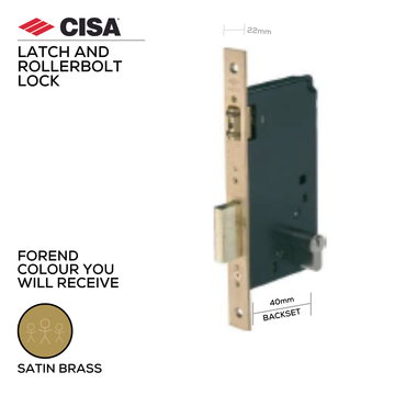 Main product view showing CISA Satin Brass Cylinder Lock — solid brass style for doors, 40mm (backset).