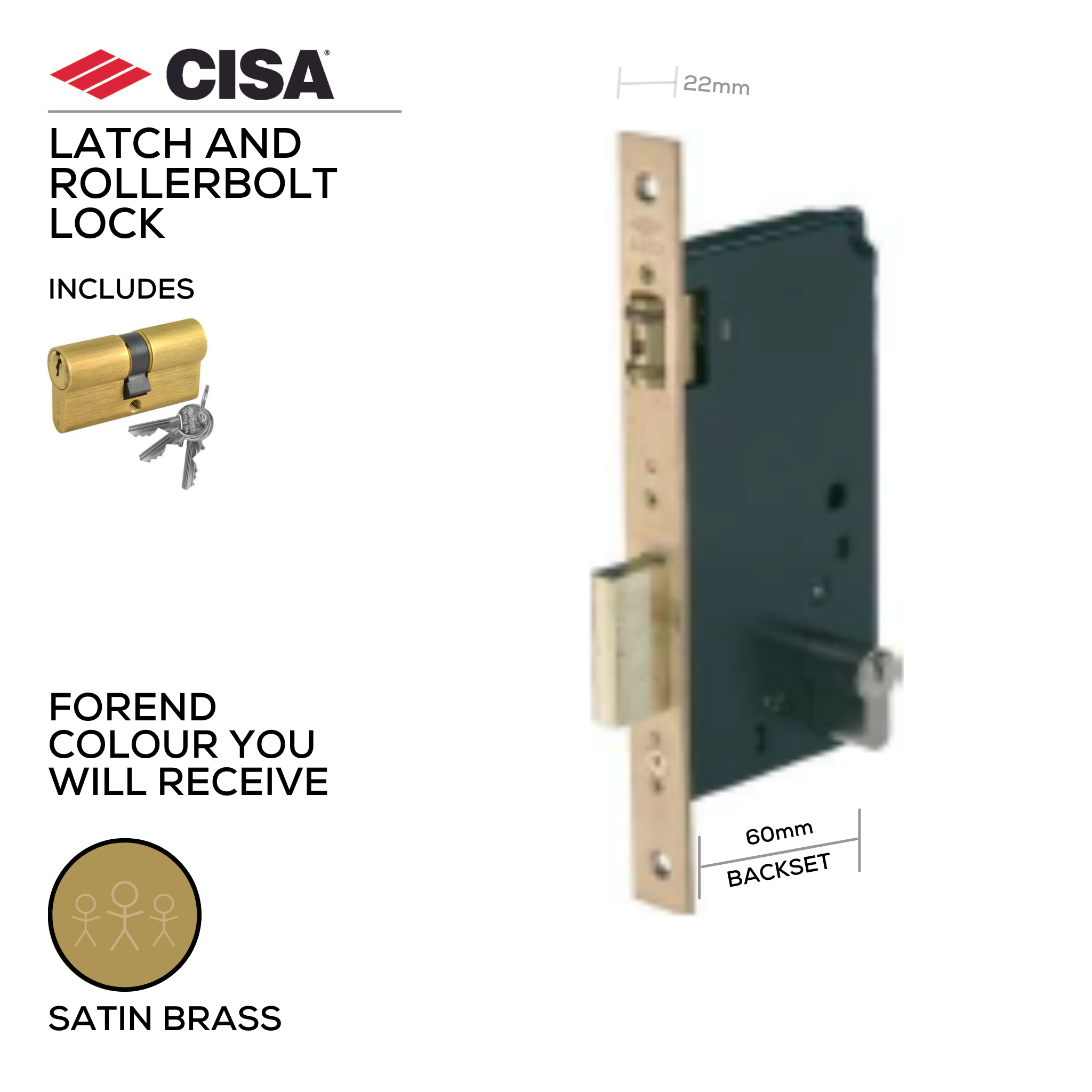 5C120-60-00-Inc, Rollerbolt Lock, Including Cylinder, 60mm (backset), Satin Brass, CISA