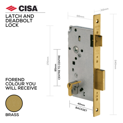 Latch & Deadbolt Lock, 40mm Backset, Cylinder Excluded, Brass - CISA