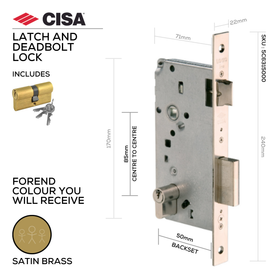 5C631-50-00_W/Cylinder, Latch & Deadbolt Lock, Euro Cylinder, Including Cylinder, 08010-07, 3 Keys - 5 Pins, 50mm (Backset), 85mm (ctc), Brass, CISA(see below other sizes & colour options)