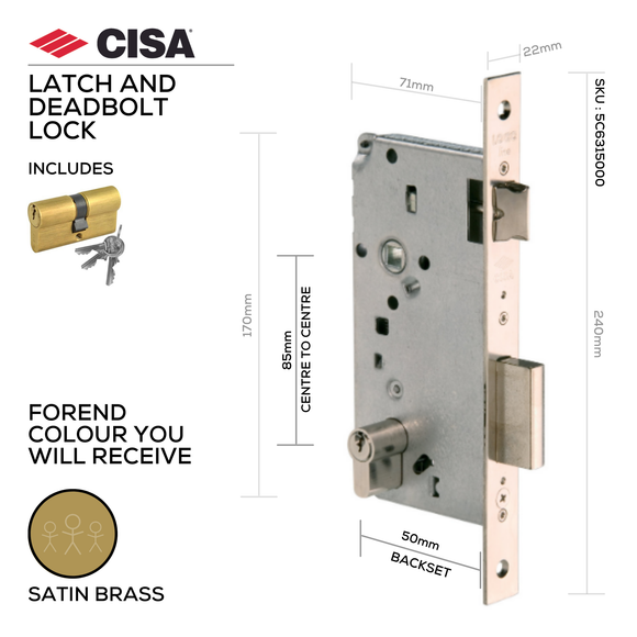 5C631-50-00_W/Cylinder, Latch & Deadbolt Lock, Euro Cylinder, Including Cylinder, 08010-07, 3 Keys - 5 Pins, 50mm (Backset), 85mm (ctc), Brass, CISA(see below other sizes & colour options)