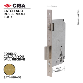 5C641-60-00-E, Rollerbolt Lock, Excluding Cylinder, 60mm (backset), Satin Brass, CISA(see below other colour options)