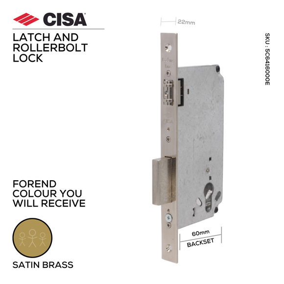 5C641-60-00-E, Rollerbolt Lock, Excluding Cylinder, 60mm (backset), Satin Brass, CISA(see below other colour options)