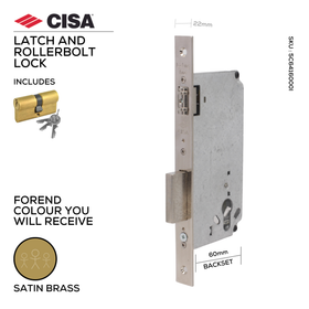 5C641-60-00-I, Rollerbolt Lock, Including Cylinder, 60mm (backset), Satin Brass, CISA(see below other colour options)