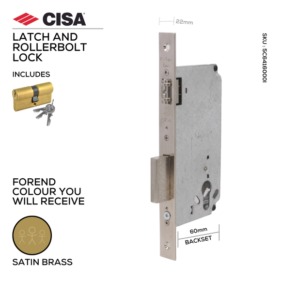 5C641-60-00-I, Rollerbolt Lock, Including Cylinder, 60mm (backset), Satin Brass, CISA(see below other colour options)