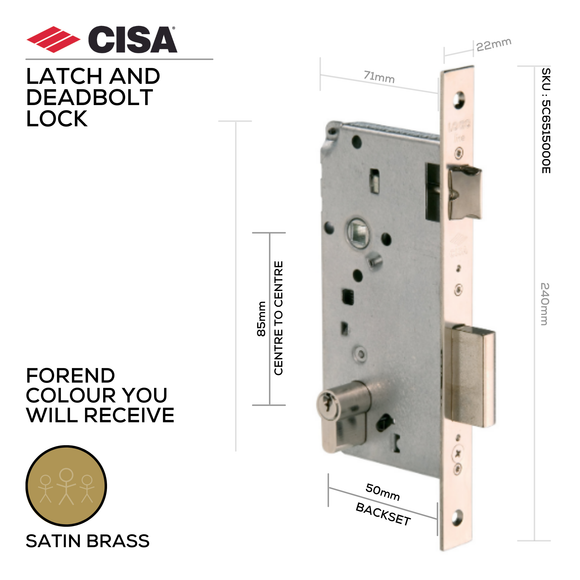5C651-50-00, Latch & Deadbolt Lock, Euro Cylinder, Excluding Cylinder, 50mm (Backset), 85mm (ctc), Brass, CISA(see below other sizes & colour options)