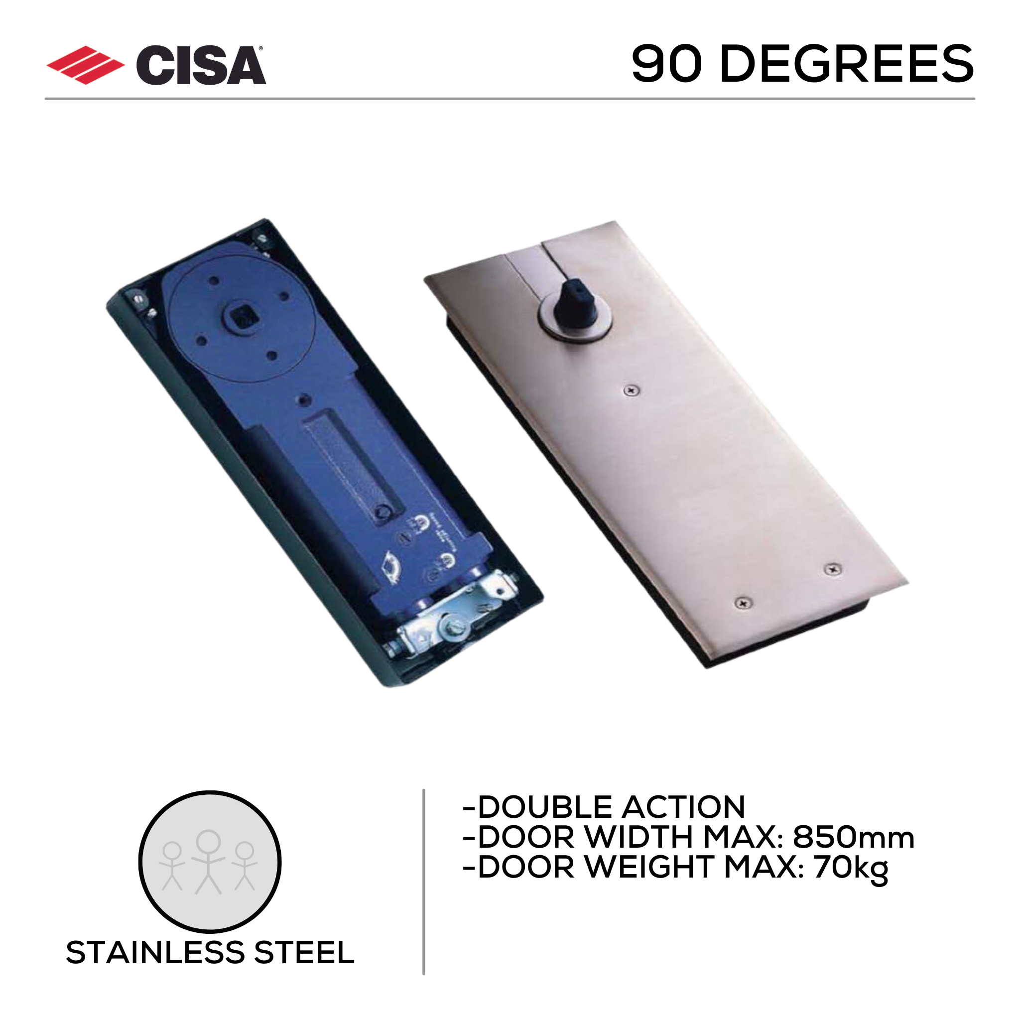 702.90.SS, Double Action Floor Spring for max 850mm Width and 70kg, Stainless Steel, 90 Degrees, CISA