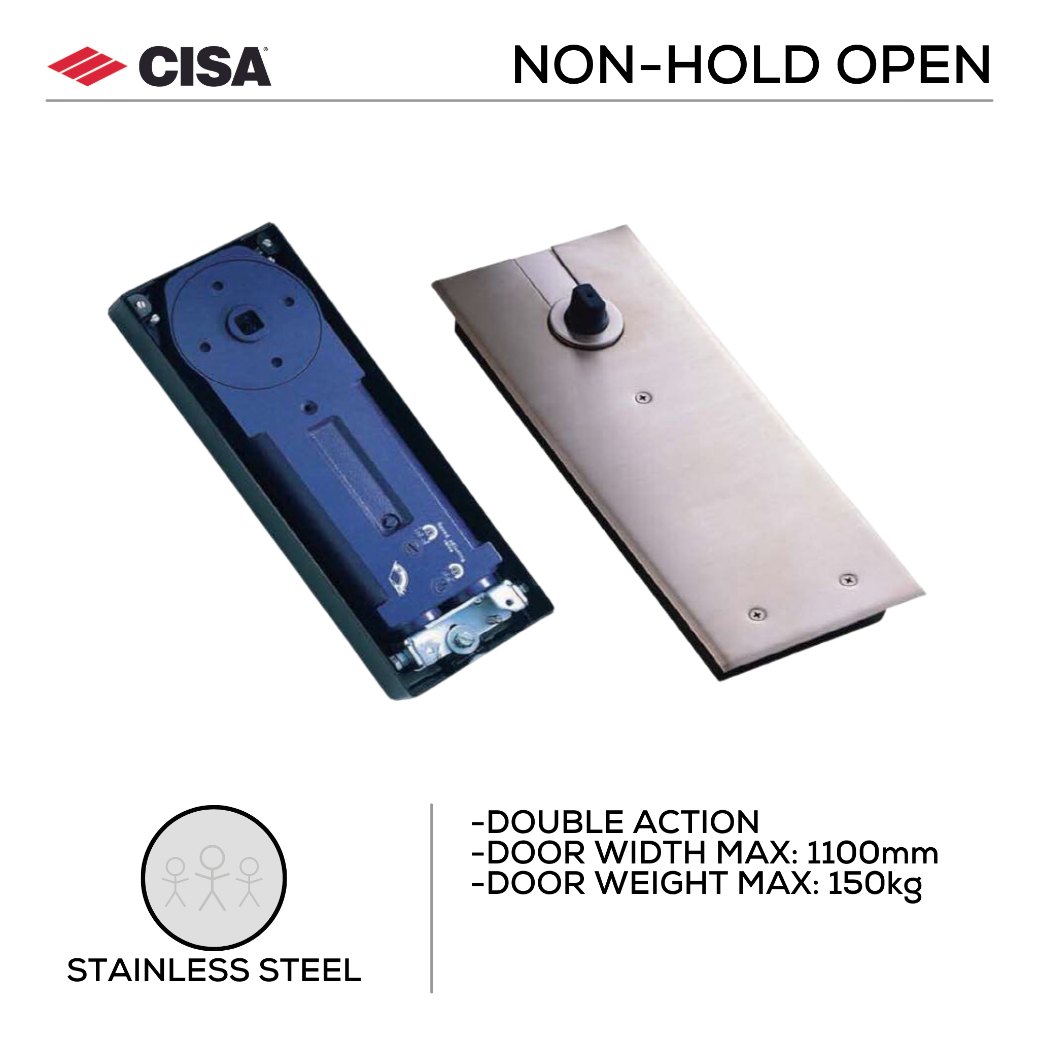 704.NHO.SS, Double Action Floor Spring for max 1100mm Width and 150kg, Stainless Steel, Non Hold Open, CISA