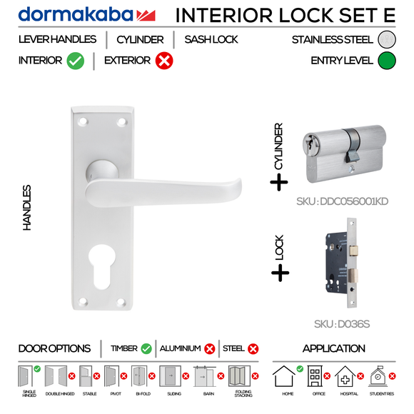 CB 30 Complete Interior Lockset D, Lever Handles, Solid, On Plate, Satin Chrome, Sash Lock & Key Cylinder Set, DORMAKABA