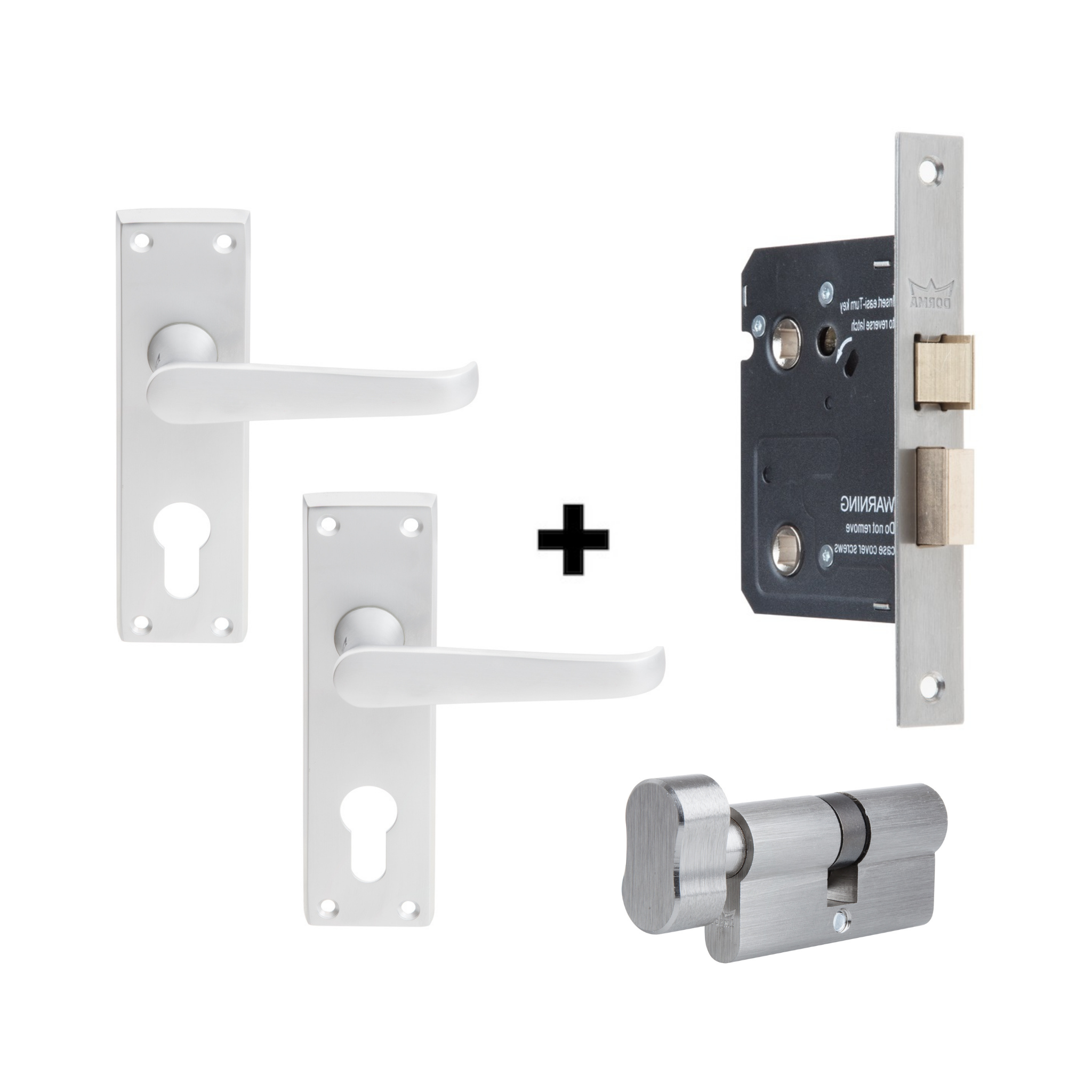 CB 30 Lever Handles + D035S Lock + DKC056501 Cylinder, Solid, Lockset, On Plate, Satin Chrome, DORMAKABA