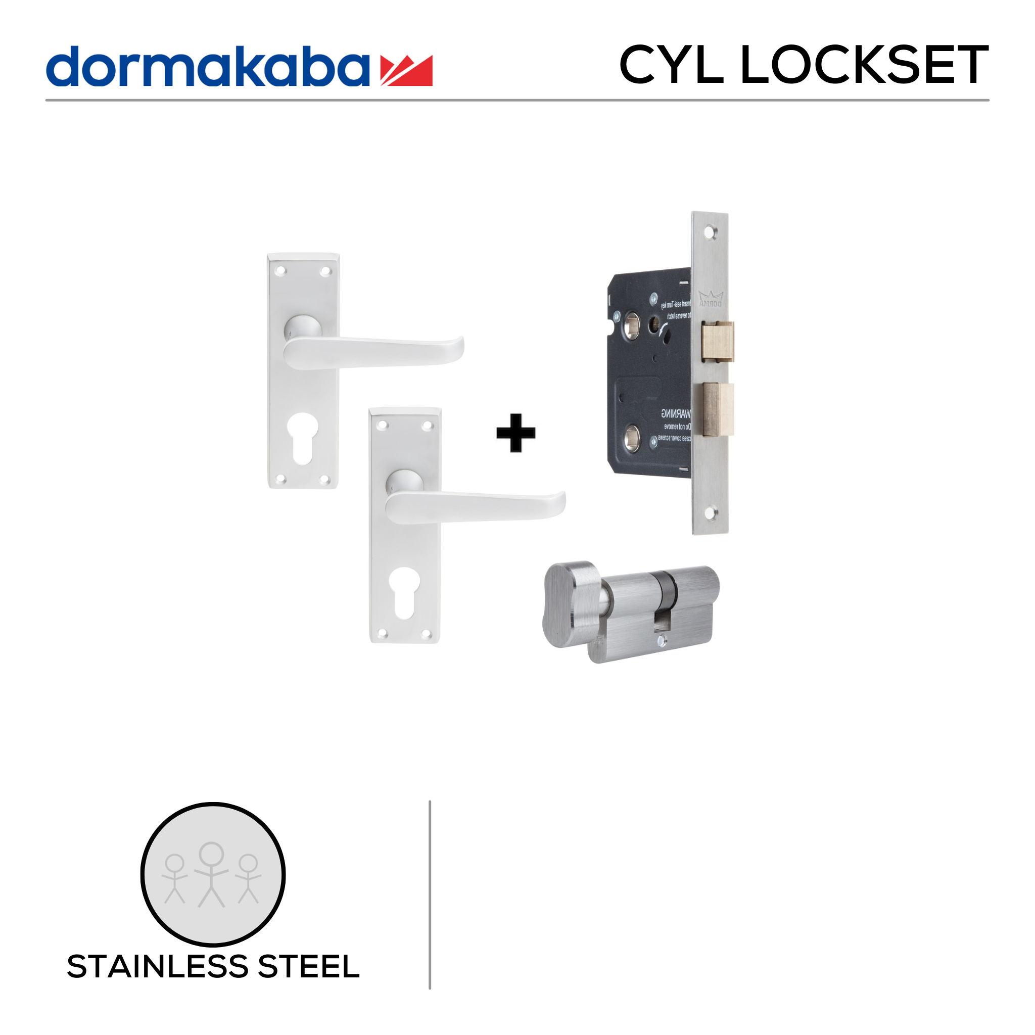 CB 30 Lever Handles + D035S Lock + DKC056501 Cylinder, Solid, Lockset, On Plate, Satin Chrome, DORMAKABA