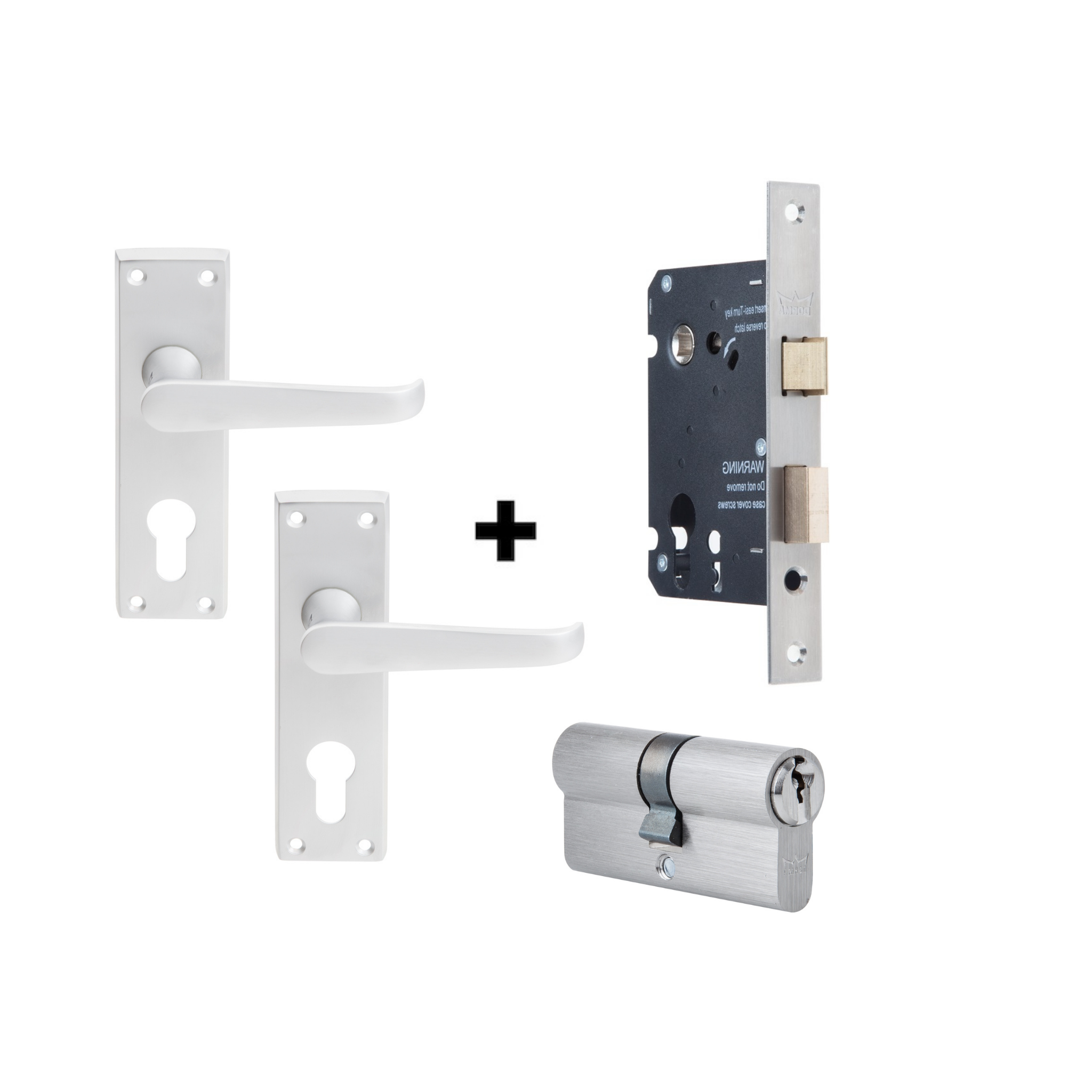 CB 30 Lever Handles + D036S Lock + DDC056501 Cylinder, Solid, Lockset, On Plate, Satin Chrome, DORMAKABA