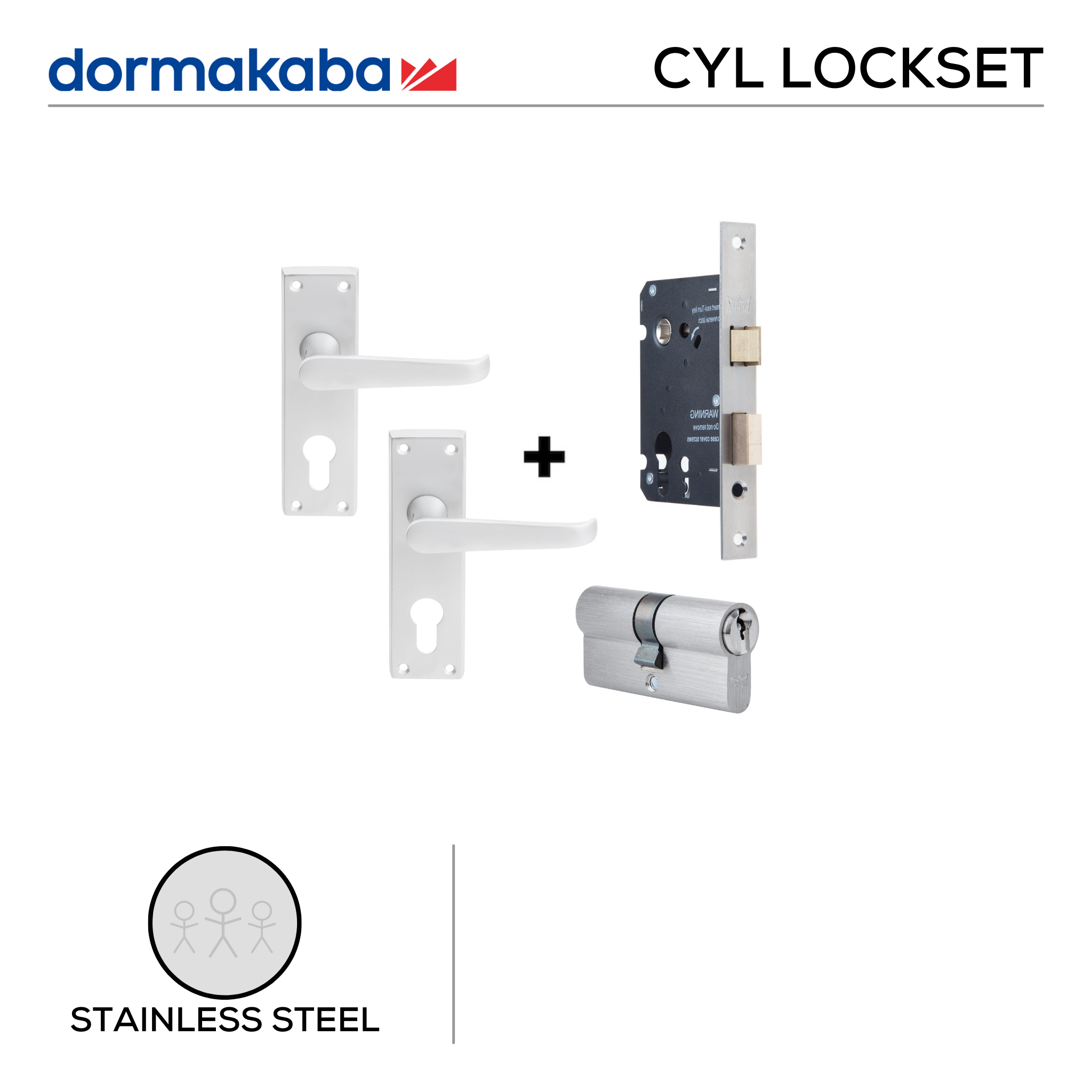 CB 30 Lever Handles + D036S Lock + DDC056501 Cylinder, Solid, Lockset, On Plate, Satin Chrome, DORMAKABA