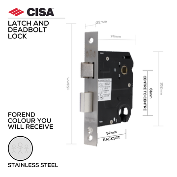Main product view showing CISA Stainless Steel Cylinder Lock — tough stainless shine for doors, 57mm (Backset).