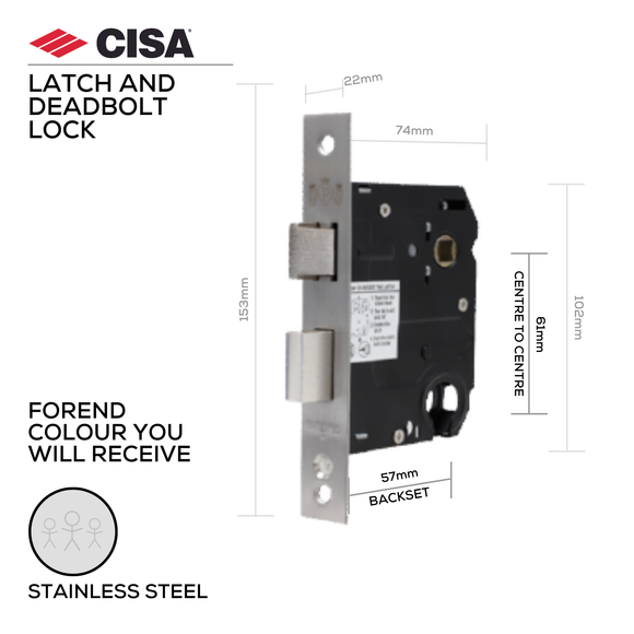 DPS61-57-SS, Latch & Deadbolt Lock, Euro Cylinder, Excluding Cylinder, 57mm (Backset), 61mm (ctc), Stainless Steel, CISA(see below other color options)