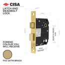 DPS61-57-SB, Latch Lock, Euro Cylinder, Excluding Cylinder, 57mm (Backset), 61mm (ctc), PVD Satin Brass, CISA-1