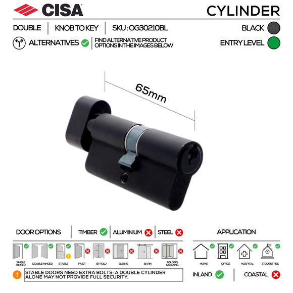 S116 KNOB Complete Lockset 5, Lever Handles, Hollow, On Round Rose, With Escutcheons, 137mm (l), Black, Sash Lock & Knob Cylinder Set, CISA