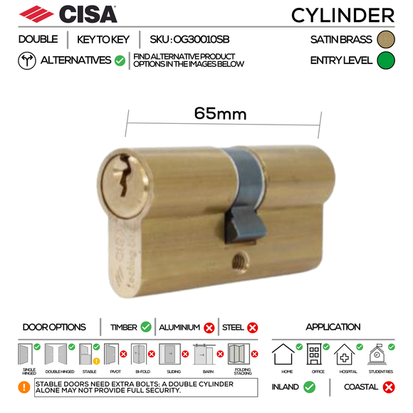 FS203 Complete Lockset 3B, Lever Handles, Hollow, On Round Rose, With Escutcheons, 137mm (l), Satin Brass, Cylinder Sash Lock & Euro Cylinder Set, CISA