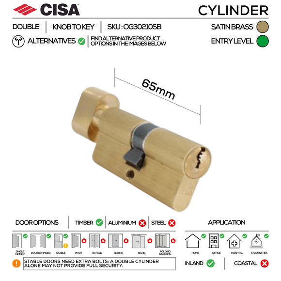 FT02 KNOB Complete Lockset 4B, Lever Handles, Tubular, On Round Rose, With Escutcheons, 137mm (l), Satin Brass, Sash Lock & Knob Cylinder Set, CISA