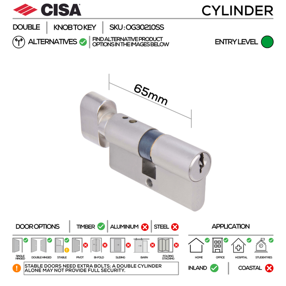 FT08 KNOB Complete Lockset 4SS, Lever Handles, Tubular, On Round Rose, With Escutcheons, 137mm (l), Stainless Steel, Sash Lock & Knob Cylinder Set, CISA