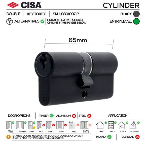 S116 Complete Lockset 2, Lever Handles, Hollow, On Round Rose, With Escutcheons, 137mm (l), Black, Cylinder Sash Lock & Euro Cylinder Set, CISA