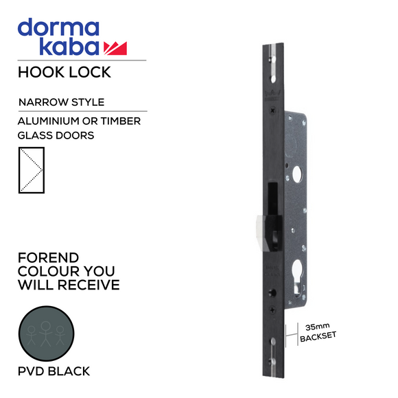 Narrow Hook Lock, 35mm, Cylinder Excluded, Stainless Steel or PVD Black - Dormakaba - PVD Black