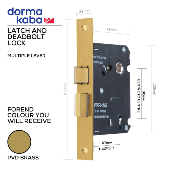 Dormakaba D034S latch and deadbolt lock, 57mm, PVD Brass forend