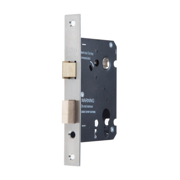DORMAKABA Stainless Steel Cylinder Lock shown in finish detail, giving doors clean stainless confidence, 57mm (Backset) x 61mm (ctc).