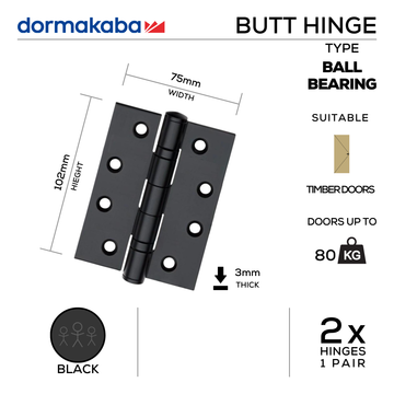 DBB-BLK-009, Double Ball Bearing Butt Hinge, Pair, 100 × 76mm, DORMAKABA (Available in Stainless Steel & Black)