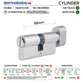 DBC006502 KD, 66mm - 32.5/32.5, Double Cylinder (Bathroom/Privacy/Emergency), Thumbturn to Coin, Matt Black, DORMAKABA
