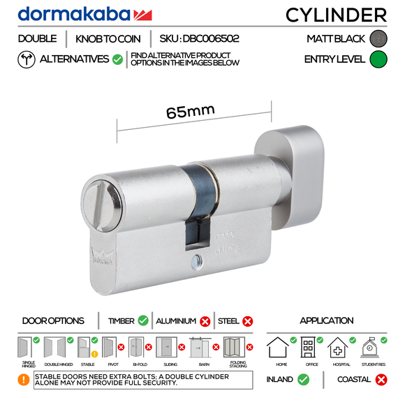 DBC006502 KD, 66mm - 32.5/32.5, Double Cylinder (Bathroom/Privacy/Emergency), Thumbturn to Coin, Matt Black, DORMAKABA