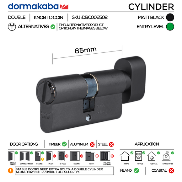 Matt Black Bathroom Double Cylinder, Thumbturn to Coin, 66mm - Dormakaba