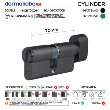 Matt Black Bathroom Double Cylinder, Thumbturn to Coin, 70mm - Dormakaba