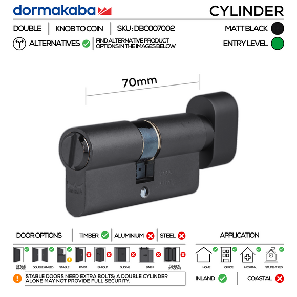 Matt Black Bathroom Double Cylinder, Thumbturn to Coin, 70mm - Dormakaba