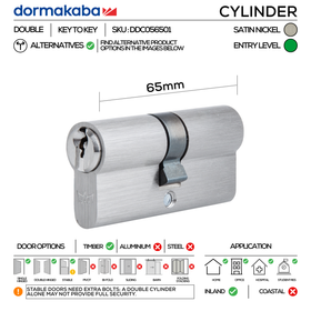 DDC056501 KD, 65mm - 32.5/32.5, Double Cylinder, Key to Key, Keyed to Differ (Standard), 2 Keys, 5 Pin, Satin Nickel, DORMAKABA