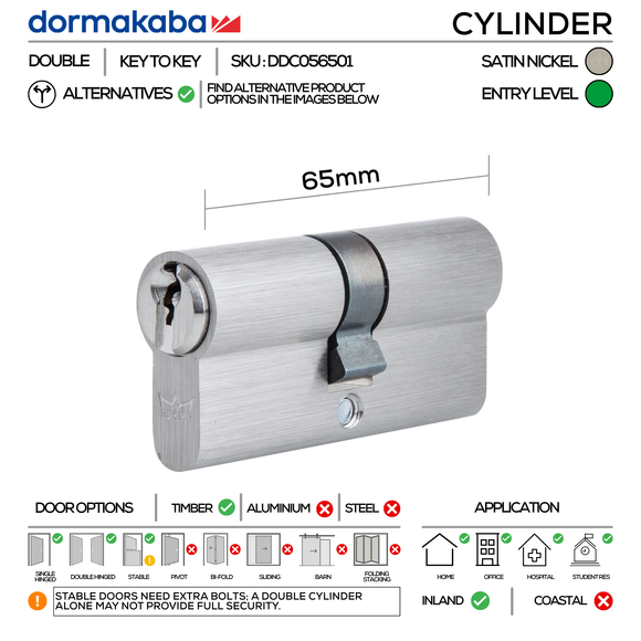DDC056501 KD, 65mm - 32.5/32.5, Double Cylinder, Key to Key, Keyed to Differ (Standard), 2 Keys, 5 Pin, Satin Nickel, DORMAKABA
