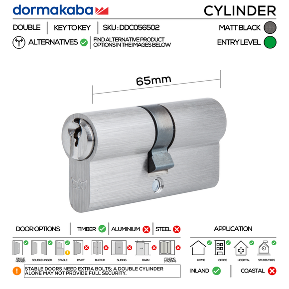 DDC056502 KD, 65mm - 32.5/32.5, Double Cylinder, Key to Key, Keyed to Differ (Standard), 2 Keys, 5 Pin, Matt Black, DORMAKABA