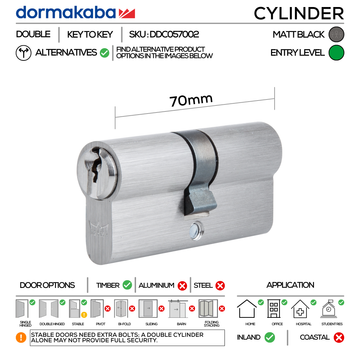 Main product view showing DORMAKABA Matt Black Cylinder Lock — dark, sleek, and ready to stand out for doors, 70mm (l).