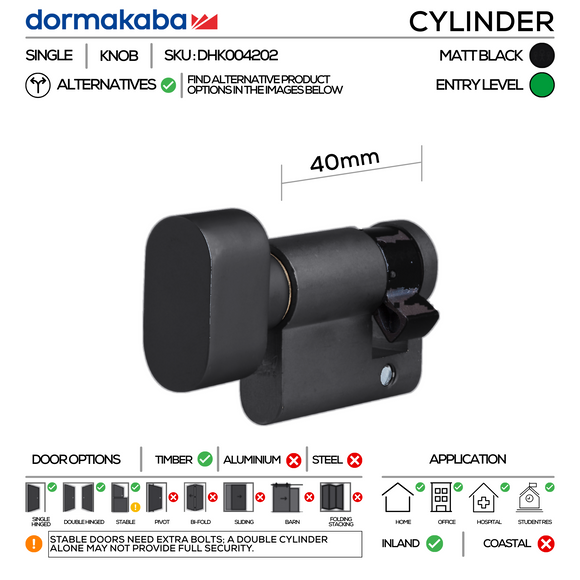 Thumbturn Half Cylinder Lock, 40mm, Satin Nickel or Matt Black - Dormakaba