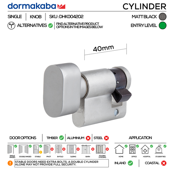 DHK004202, 40mm - 30/10, Half (Single Cylinder), Thumbturn, Matt Black, DORMAKABA