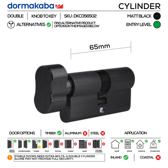 Thumbturn to Key Double Cylinder Lock, 65mm, Satin Nickel or Matt Black - Dormakaba