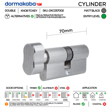 DORMAKABA Matt Black Cylinder Lock shown in main product view, giving doors sharp modern attitude, 70mm.