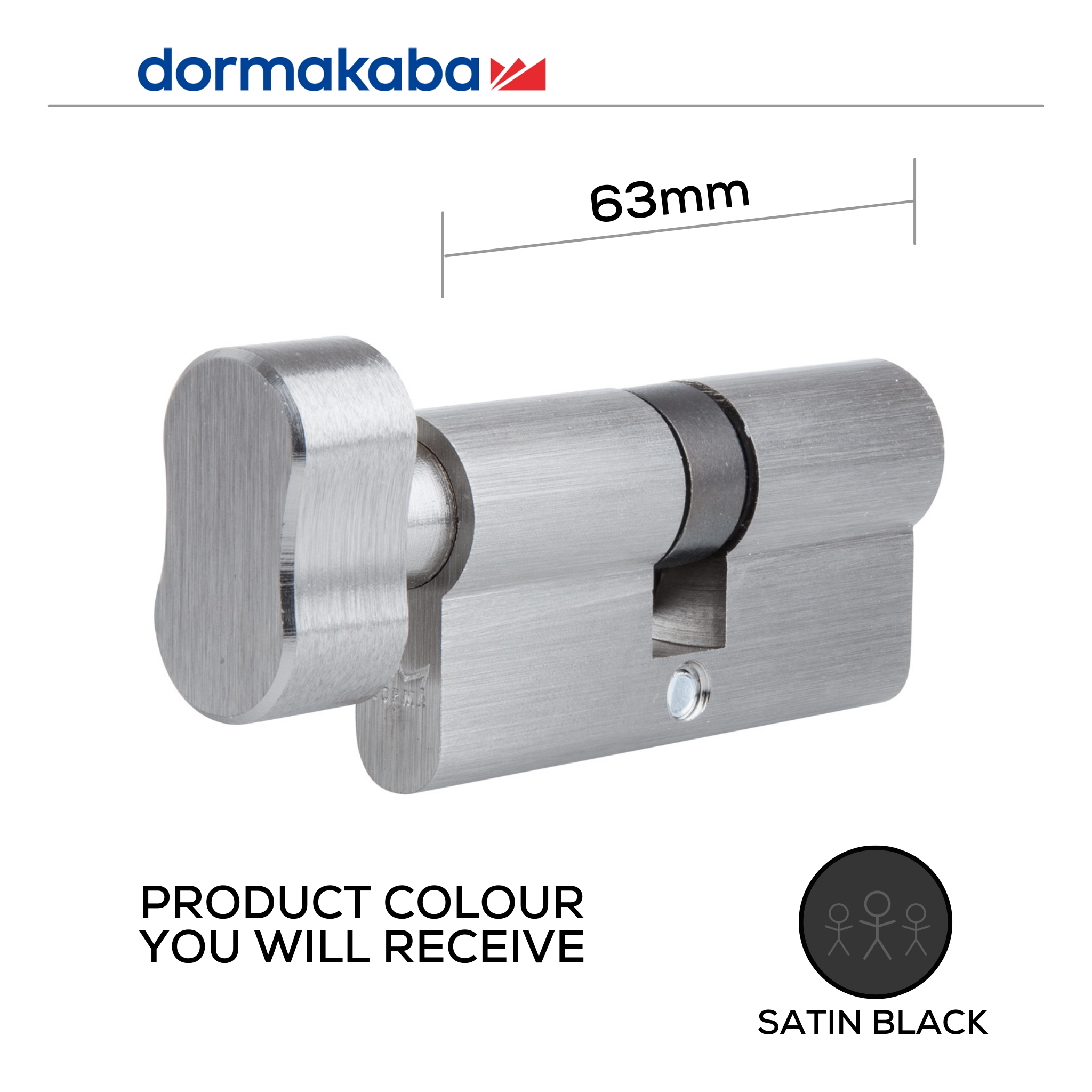 DKC206302 KD, 63mm (l), Knob, Cylinder, Keyed Different, 5 Pin, Satin Black, DORMAKABA