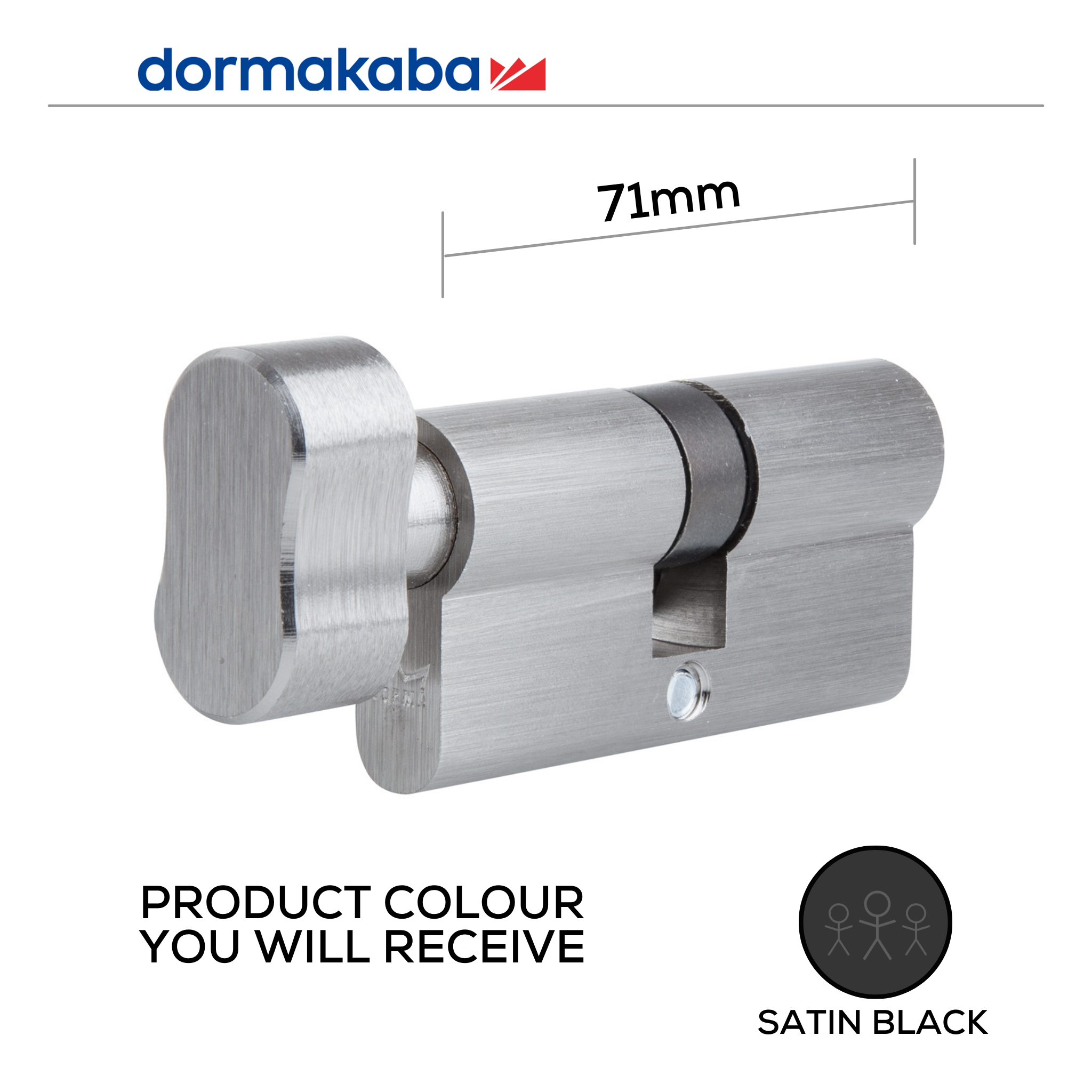 DKC207102 KD, 71mm (l), Knob, Cylinder, Keyed Different, 5 Pin, Satin Black, DORMAKABA