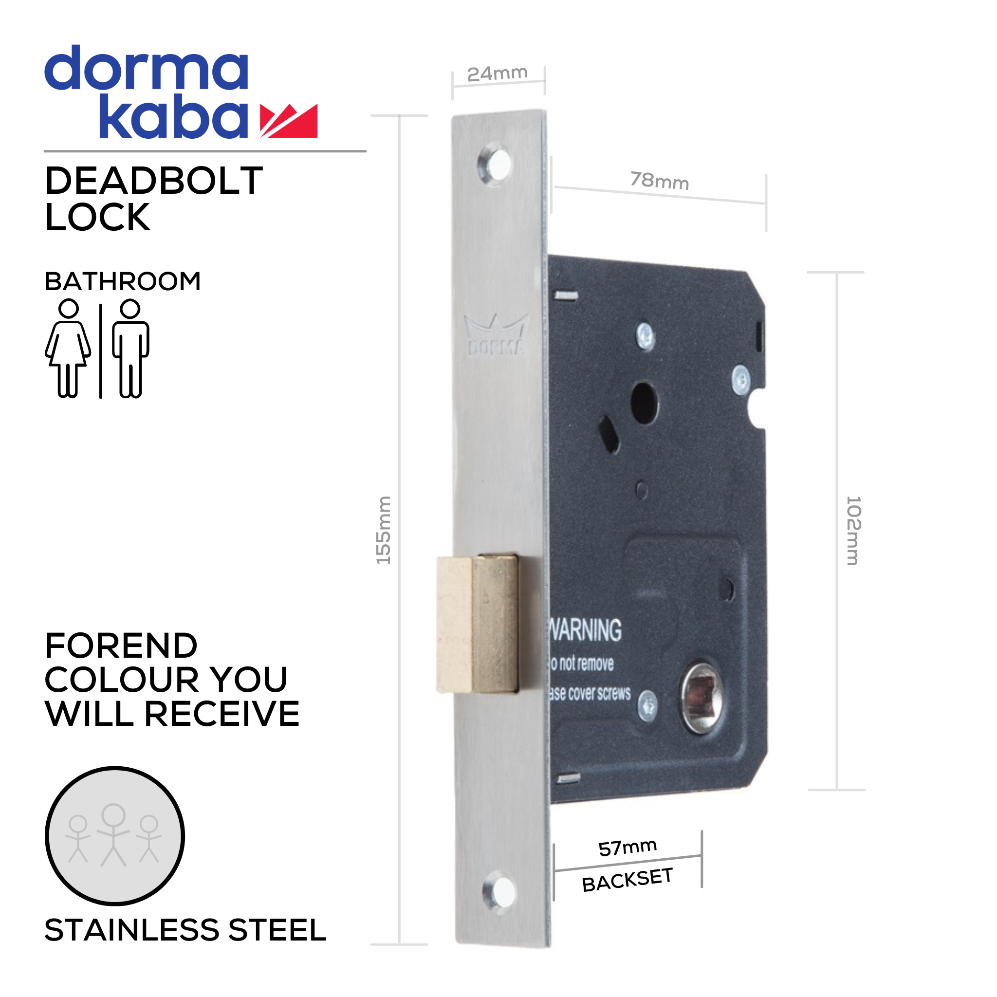 D032D Stainless Steel, Bathroom, Deadbolt Lock, WC Thumbturn Hardware, Excludes Thumbturn, 57mm (Backset), Stainless Steel, DORMAKABA