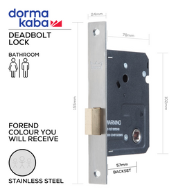 D032D Stainless Steel, Bathroom, Deadbolt Lock, WC Thumbturn Hardware, Excludes Thumbturn, 57mm (Backset), Stainless Steel, DORMAKABA