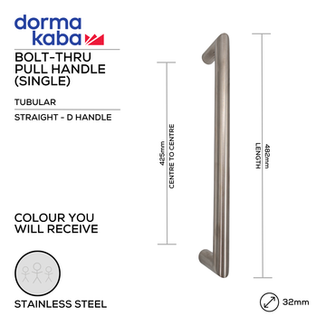 Main product view of DORMAKABA Stainless Steel Pull Handle, made for patio and sliding doors with tough stainless shine, 32mm (Ø) x 482mm (l).