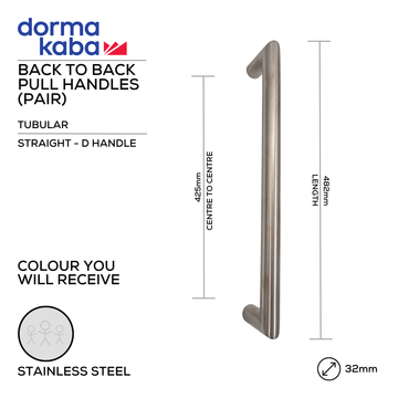 DORMAKABA Stainless Steel Pull Handle main product view for patio and sliding doors — strong stainless style, 32mm (Ø) x 482mm (l).